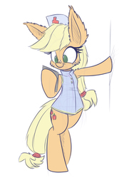 Size: 800x1200 | Tagged: safe, artist:heir-of-rick, applejack, pony, g4, bipedal, cheek fluff, clothes, ear fluff, female, impossibly large ears, leaning, nurse, reading, simple background, sketch, smiling, solo, white background