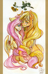 Size: 400x614 | Tagged: safe, artist:arainmorn, applejack, fluttershy, g4, blushing, braid, female, hatless, holding, lesbian, missing accessory, ship:appleshy, shipping, tree branch