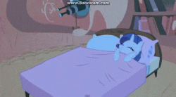 Size: 488x270 | Tagged: safe, screencap, applejack, rarity, earth pony, pony, unicorn, g4, look before you sleep, animated, bed, bouncing, duo, eyes closed, female, gif, golden oaks library, mare, rekt, smiling, watermark, wide eyes