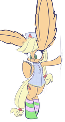 Size: 800x1500 | Tagged: safe, artist:heir-of-rick, edit, applejack, pony, g4, bipedal, clothes, female, impossibly large ears, leaning, nurse, reading, simple background, sketch, smiling, socks, solo, striped socks, white background