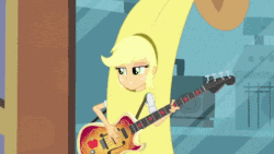 Size: 480x270 | Tagged: safe, screencap, applejack, a case for the bass, equestria girls, g4, my little pony equestria girls: rainbow rocks, animated, applejack is not amused, banana suit, bananajack, female, guitar, unamused, wink