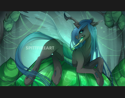 Size: 1000x786 | Tagged: safe, artist:spittfireart, queen chrysalis, changeling, changeling queen, g4, cocoon, concave belly, female, looking at you, open mouth, prone, slender, solo, thin, tongue out, watermark