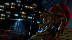 Size: 3840x2160 | Tagged: safe, artist:sindroom, sunset shimmer, human, pony, unicorn, equestria girls, g4, 3d, bench, covered face, high res, human ponidox, night, self ponidox, sitting, source filmmaker, streetlight