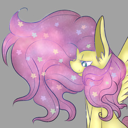 Size: 1200x1200 | Tagged: safe, artist:dweebpone, fluttershy, pegasus, pony, g4, bust, female, flower, flower in hair, gray background, lidded eyes, looking down, mare, profile, simple background, smiling, solo, spread wings, wings