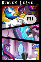 Size: 1500x2252 | Tagged: safe, artist:vavacung, princess cadance, queen chrysalis, shining armor, twilight sparkle, alicorn, changeling, pony, comic:to love alicorn, g4, adventure in the comments, angry, butt, character to character, comic, crying, disguise, exclamation point, female, female to male, gleaming shield, mare, nightmare cadance, nightmare heart, nightmarified, open mouth, plot, pony to pony, portal, royal guard, rule 63, tackle, tears of pain, teary eyes, transformation, transgender transformation, twilight sparkle (alicorn), wide eyes