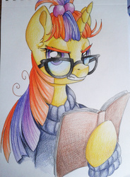 Size: 1840x2495 | Tagged: safe, artist:rosha-krieger, moondancer, pony, unicorn, g4, angry, book, female, grin, mare, solo, traditional art