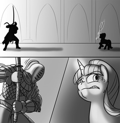 Size: 700x721 | Tagged: safe, artist:mistermech, starlight glimmer, g4, comic, crossover, dark souls, dark souls 2, duel, monochrome, s5 starlight, sir alonne, staff, staff of sameness, sweat, this will end in tears and/or death