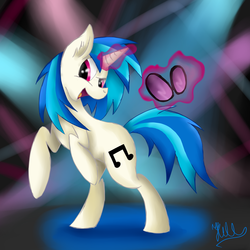 Size: 3000x3000 | Tagged: safe, artist:hilis, dj pon-3, vinyl scratch, pony, unicorn, g4, female, high res, looking back, open mouth, rearing, solo, vinyl's glasses