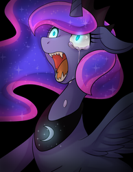 Size: 1023x1317 | Tagged: safe, artist:hosikawa, princess luna, alicorn, pony, g4, black background, bust, crying, fangs, female, open mouth, sharp teeth, simple background, solo, teeth