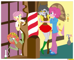 Size: 3335x2694 | Tagged: safe, artist:conikiblasu-fan, discord, fluttershy, pinkie pie, tree hugger, equestria girls, g4, make new friends but keep discord, bubble berry, butterscotch, equestria girls-ified, equestria guys, eris, female, high res, male, rule 63, ship:bubbleris, ship:discopie, shipping, straight, tree top