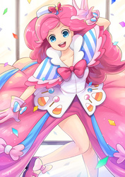 Size: 708x1000 | Tagged: safe, artist:amy30535, pinkie pie, human, g4, clothes, dress, female, gala dress, gloves, happy, humanized, looking at you, open mouth, solo