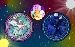 Size: 3200x2000 | Tagged: safe, artist:akili-amethyst, princess celestia, princess luna, g4, disney, dive to the heart, elements of harmony, kingdom hearts, stained glass, wallpaper
