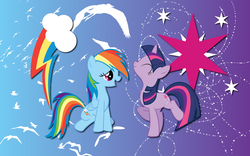 Size: 2560x1600 | Tagged: safe, artist:alicehumansacrifice0, rainbow dash, twilight sparkle, bird, pegasus, pony, unicorn, g4, female, lesbian, mare, ship:twidash, shipping, stars, unicorn twilight, vector, wallpaper