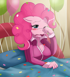 Size: 2252x2483 | Tagged: safe, artist:ss2sonic, pinkie pie, earth pony, anthro, g4, balloon, bed, blanket, breasts, busty pinkie pie, cleavage, clothes, confetti, female, morning ponies, pajamas, solo, yawn