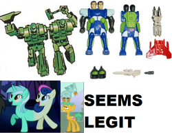 Size: 712x550 | Tagged: safe, bon bon, lyra heartstrings, snails, snips, sweetie drops, do princesses dream of magic sheep, g4, apophenia, comparison, doubleheader, fusion, hasbro, lyrabon (fusion), pretender, pushmi-pullyu, rack and ruin, transformers