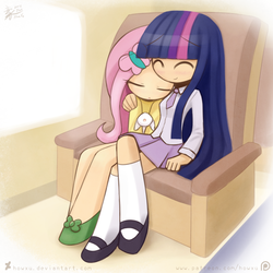 Size: 1299x1299 | Tagged: safe, artist:howxu, angel bunny, fluttershy, twilight sparkle, human, g4, clothes, cute, daaaaaaaaaaaw, duo, eyes closed, female, humanized, lesbian, missing nose, ship:twishy, shipping, shyabetes, sitting, skirt, smiling, twiabetes