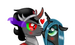 Size: 590x352 | Tagged: safe, artist:pinkdiamondtiara, king sombra, queen chrysalis, changeling, changeling queen, pony, unicorn, g4, female, male, nose kiss, ship:chrysombra, shipping, straight