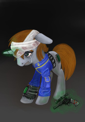 Size: 2893x4133 | Tagged: safe, artist:sanya-mosaica, oc, oc only, oc:littlepip, pony, unicorn, fallout equestria, bandage, clothes, crying, fallout, fanfic, fanfic art, female, glowing horn, gun, handgun, horn, jumpsuit, little macintosh, magic, mare, pipbuck, revolver, simple background, solo, telekinesis, vault suit, weapon