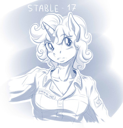 Size: 1095x1143 | Tagged: safe, artist:doomy, oc, oc only, anthro, fallout equestria, clothes, monochrome, uniform