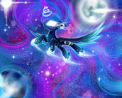 Size: 3600x2880 | Tagged: safe, artist:magnaluna, princess luna, alicorn, abstract background, color porn, ethereal mane, female, flying, glowing eyes, hoof fluff, magic, mare, moon, night, solo, space, spread wings, starry mane, starry night, stars, white eyes