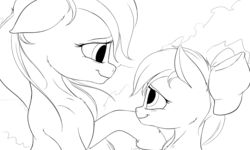 Size: 2000x1202 | Tagged: safe, artist:nobody47, apple bloom, applejack, g4, cute, monochrome, sisters, sketch, wip