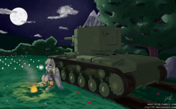 Size: 5000x3102 | Tagged: safe, artist:gesr, artist:rtg2100, derpy hooves, butterfly, firefly (insect), pegasus, pony, g4, campfire, clothes, cloud, cloudy, epic derpy, female, flower, full moon, grass, kv-2, moon, mountain, night, solo, tank (vehicle), tree, uniform, world war ii
