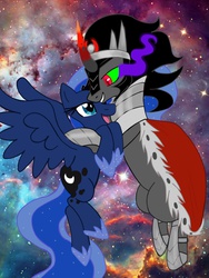 Size: 960x1280 | Tagged: dead source, safe, artist:kuro-the-enderman, king sombra, princess luna, alicorn, pony, unicorn, g4, female, looking at each other, male, open mouth, ship:lumbra, shipping, smiling, space, straight, tumblr