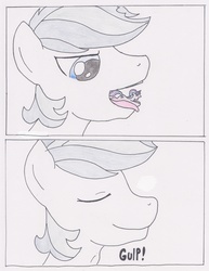 Size: 2475x3200 | Tagged: safe, artist:ponysubmarine, double diamond, starlight glimmer, pony, unicorn, g4, 2 panel comic, comic, fetish, glimmer prey, high res, macro, micro, swallowing, throat bulge, traditional art, vore