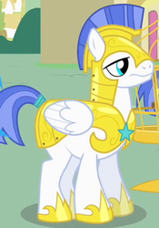 Size: 340x485 | Tagged: safe, screencap, pegasus, pony, a bird in the hoof, g4, armor, cropped, frown, helmet, hoof shoes, male, pegasus royal guard, royal guard, royal guard armor, solo, stallion