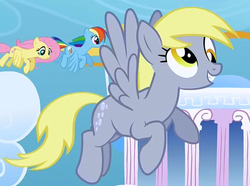 Size: 430x320 | Tagged: safe, screencap, derpy hooves, fluttershy, rainbow dash, pegasus, pony, g4, sonic rainboom (episode), background pony, cropped, cute, derpabetes, female, flying, mare, solo focus