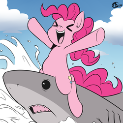 Size: 1270x1270 | Tagged: dead source, safe, artist:gtapia91, artist:megasweet, pinkie pie, earth pony, fish, pony, shark, g4, colored, duo, eyes closed, female, mare, ponies riding sharks, riding, splash, wat