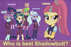 Size: 1276x844 | Tagged: safe, edit, edited screencap, screencap, indigo zap, lemon zest, sci-twi, sour sweet, sugarcoat, sunny flare, twilight sparkle, equestria girls, g4, my little pony equestria girls: friendship games, answers in the comments, clothes, crystal prep academy, crystal prep academy uniform, crystal prep shadowbolts, discussion, glasses, pigtails, ponytail, question, school uniform, shadow six, shoes