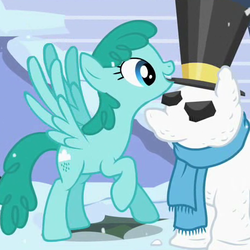 Size: 455x455 | Tagged: safe, screencap, spring melody, sprinkle medley, pegasus, pony, g4, hearth's warming eve (episode), background pony, clothes, female, hat, hearth's warming eve, mare, mouth hold, scarf, snow, snowfall, snowpony, solo, top hat