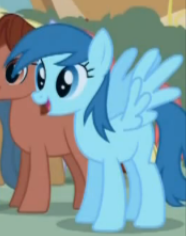 Size: 186x236 | Tagged: safe, screencap, blue october, blueberry muffin, pegasus, pony, friendship is magic, g4, season 1, background pony, blank flank, cropped, duo, female, mare, open mouth, open smile, smiling, solo focus, spread wings, wings