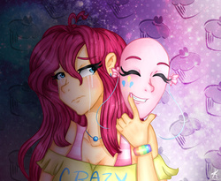 Size: 2200x1800 | Tagged: safe, artist:monnarcha, pinkie pie, human, g4, crying, duality, female, humanized, mask, nail polish, pinkamena diane pie, reference, robin williams, solo