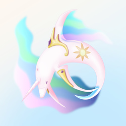 Size: 3000x3000 | Tagged: safe, artist:foxbeast, princess celestia, dolphin, g4, cetacean, crossover, dolphified, dorsal fin, ecco 2 future dolphin, ecco the dolphin, female, fin, fish tail, flowing mane, flowing tail, high res, horn, mare, ocean, solo, species swap, swimming, tail, transformation, underwater, video game, wat, water
