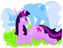 Size: 511x393 | Tagged: safe, artist:bigslappy, artist:dpdtrixie, trixie, twilight sparkle, alicorn, pony, g4, bedroom eyes, blushing, female, lesbian, mare, prone, ship:twixie, shipping, smiling, twilight sparkle (alicorn)