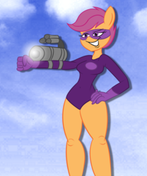 Size: 2490x3000 | Tagged: safe, artist:kaixxxcorner, artist:scobionicle99, scootaloo, anthro, g4, arm cannon, clothes, domino mask, female, high res, leotard, mask, solo, spandex, super scoots, superhero, superhero costume, weapon