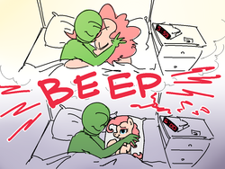 Size: 1000x750 | Tagged: safe, artist:nobody, edit, pinkie pie, oc, oc:anon, human, series:anon's alarm clock, g4, alarm clock, bed, body pillow, dream, female, good end, male, reality ensues, snuggling, straight