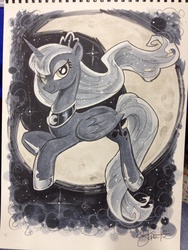 Size: 600x800 | Tagged: safe, artist:andypriceart, princess luna, g4, bedroom eyes, female, looking at you, monochrome, moon, prone, solo, tangible heavenly object, traditional art
