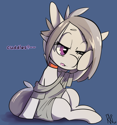 Size: 1280x1376 | Tagged: safe, artist:arkiiwarki, rumble, pony, ask trap-rumble, g4, alternate hairstyle, ask, blue background, choker, clothes, dialogue, male, one eye closed, simple background, sitting, sleepy, solo, t-shirt, tired, tumblr