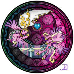 Size: 1600x1600 | Tagged: safe, artist:akili-amethyst, princess cadance, queen chrysalis, shining armor, changeling, g4, disguise, disguised changeling, disney, dive to the heart, kingdom hearts, stained glass