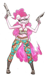 Size: 1328x2155 | Tagged: safe, artist:tryhardfailhard, pinkie pie, earth pony, anthro, g4, female, glasses, gun, solo