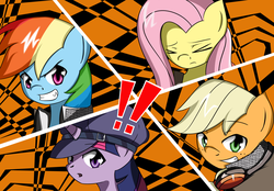 Size: 2800x1954 | Tagged: safe, artist:misterbrony, applejack, fluttershy, rainbow dash, twilight sparkle, g4, amagi yukiko, clothes, crossover, exclamation point, narukami yu, persona, persona 4, persona 4 golden, shirogane naoto, tatsumi kanji, video game