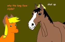 Size: 914x589 | Tagged: safe, applejack, trouble shoes, horse, g4, dialogue, hoers, ms paint, simple background, stylistic suck, why the long face