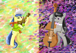 Size: 1600x1123 | Tagged: safe, artist:witchbehindthebush, fiddlesticks, octavia melody, earth pony, pony, g4, apple family member, bipedal, cello, fiddle, musical instrument