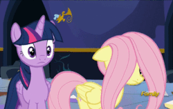 Size: 512x323 | Tagged: safe, screencap, fluttershy, twilight sparkle, alicorn, pony, g4, party pooped, animated, cute, dat mane, female, floppy ears, frown, mare, shyabetes, talking, twilight sparkle (alicorn)