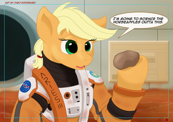 Size: 1280x900 | Tagged: safe, artist:thedigodragon, applejack, earth pony, semi-anthro, g4, astronaut, crossover, female, mars, potato, solo, space, spacesuit, the martian