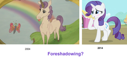 Size: 1816x834 | Tagged: safe, edit, edited screencap, screencap, rarity, butterfly, pony, unicorn, g4, simple ways, blushing, coincidence, comparison, cute, female, foreshadowing, mare, painting, pony reference, rainbow, raribetes, the adventures of jimmy neutron: boy genius, tongue out