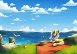 Size: 6615x4677 | Tagged: safe, artist:anticular, fluttershy, pegasus, pony, seagull, g4, absurd resolution, basket, cloud, female, mare, ocean, picnic, picnic basket, picnic blanket, prone, smiling, solo
